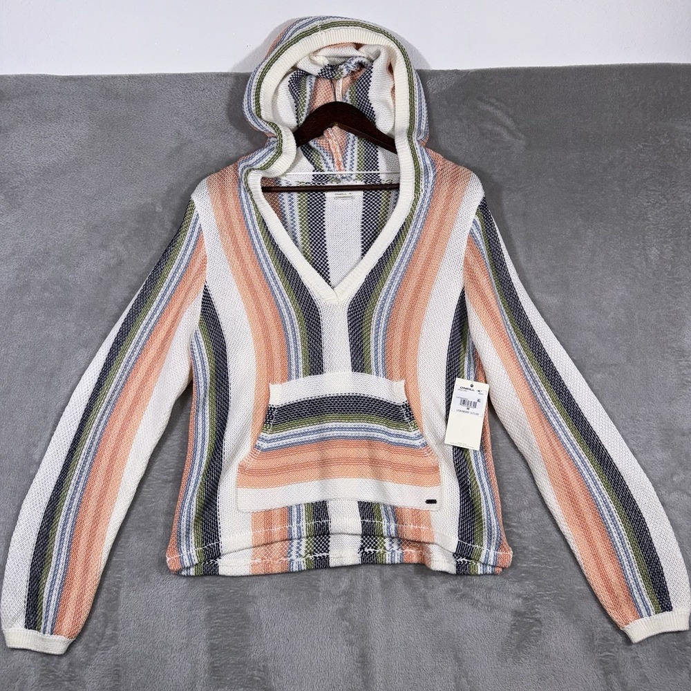 ONeill Catamaran Hoodie Soft Poncho Knit Sweater Med Multi Striped Beachy